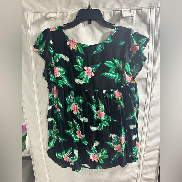 Old Navy Black Floral Ruffle Tassel Short Sleeve Blouse Size Large - Picture 4 of 4